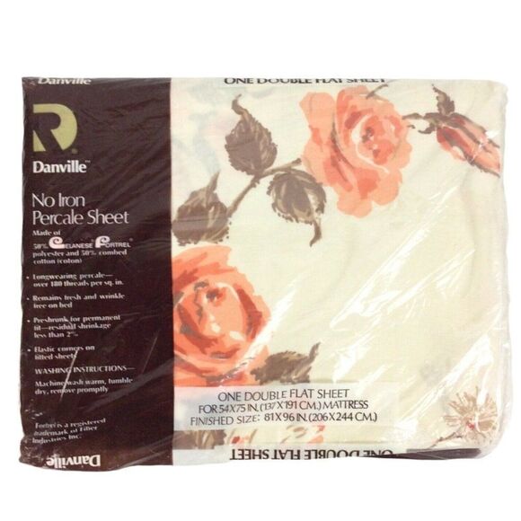 Danville No Iron Percale Double Flat Sheet Floral Pink Roses 180 TC Vtg 80s - Picture 1 of 4